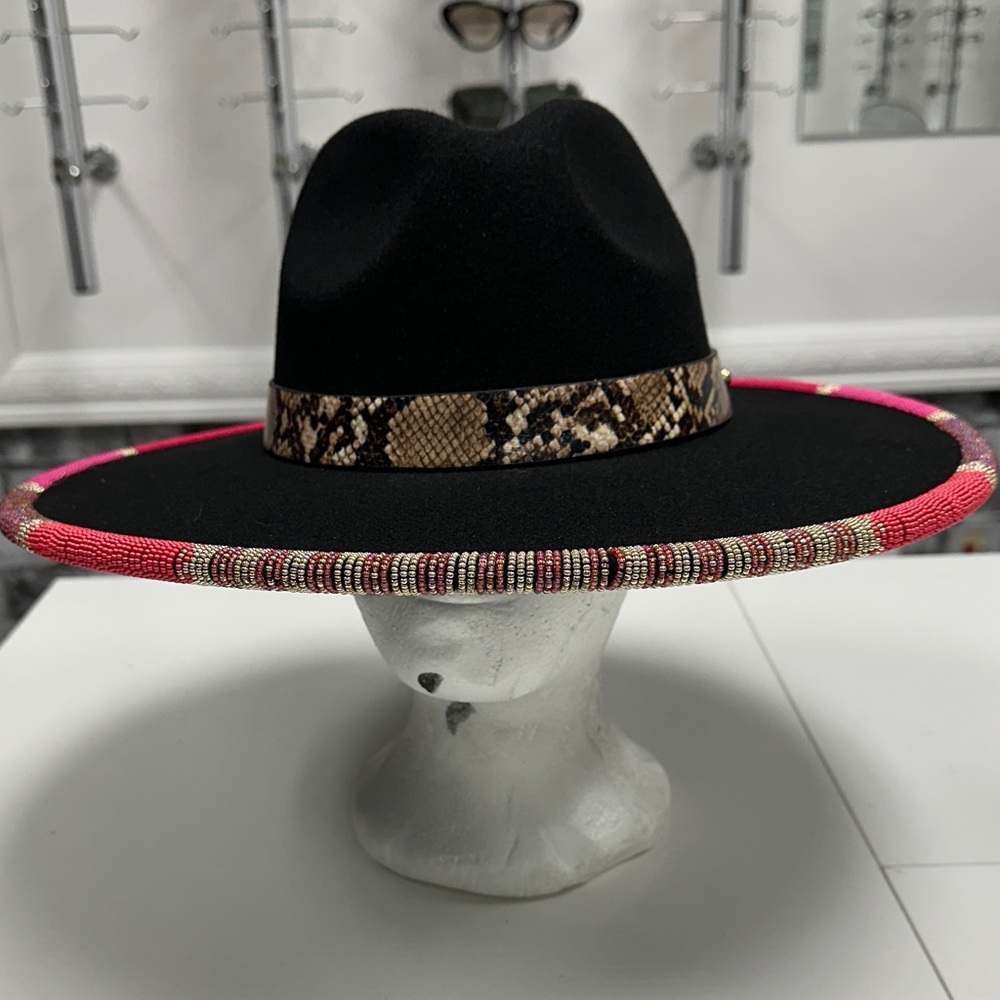 Black and Pink Wide-Brim Hat with Snake Print Band